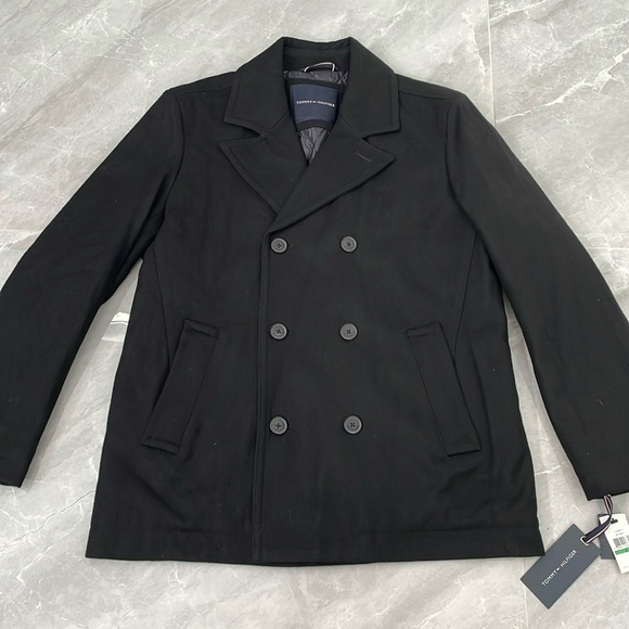 Men’s Tommy Hilfiger Wool Blend Button Pea Coat Winter Jacket Large - Picture 1 of 16